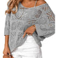 Boho Summer Chic: Women's Crochet Openwork 3/4 Sleeve Knit Top - Breathable & Versatile