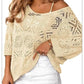 Boho Summer Chic: Women's Crochet Openwork 3/4 Sleeve Knit Top - Breathable & Versatile