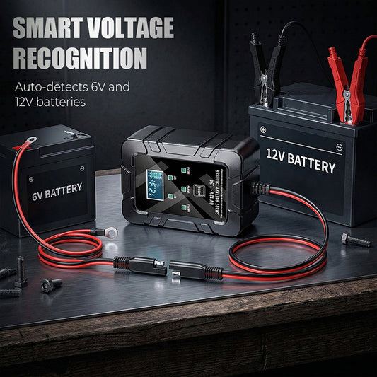 🔋⚡ Smart Battery Charger | Automatic Voltage Detection · Smart Overcharge Protection · Pulse Repair · Multiple Safety Features · LCD Display