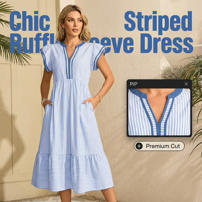 💥Last Day Special Sale 49% OFF💃Women's Striped V-Neck Flutter Sleeve Midi Dress