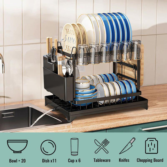 🥳2026 HOT SALE🥳💞50K+ SOLD!🥘💧 50% OFF + Free Shipping! Dish Drying Rack – Two tiers, stable vertical slots. Rotating spout keeps counter dry. No more puddles! 🛡️✅