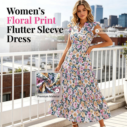 Women's Floral Print Dress with Flutter Sleeve