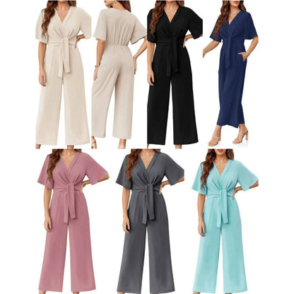 👗 LIMITED-TIME 50% OFF! ✨ Elegant V-Neck Jumpsuit – Wide Leg, Waist Tie, Breathable Fabric 💃