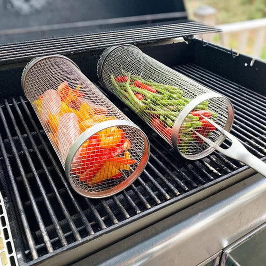 ❄️Summerfresh 50% OFF!🔥Rotating BBQ Grill Basket from Stainless Steel – 360° Grill Cage for Vegetables, Chips, Prawns & Small Snacks