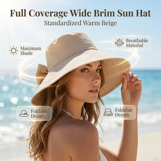 👒 50% OFF NOW ! 💐 Women's Bowknot Wide Brim Sun Protective Hat – Oversized wide brim blocks UV rays, delicate bow decor, lightweight breathable fabric, ideal for beach, travel & outdoor walking✨