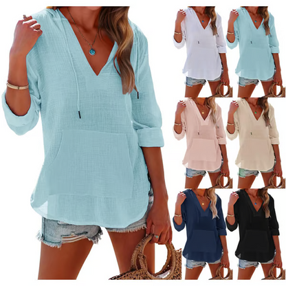 Women's Solid V-Neck Long Sleeve Hooded Top with Pocket