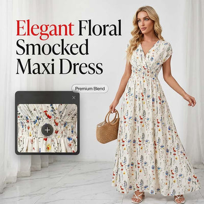 👗 50% OFF NOW!🌸 Floral V-Neck Maxi Dress – Elegant Smocked Waist & Premium Fabric – Summer Essential ✨