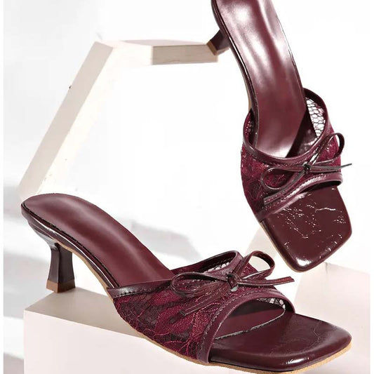Women's Lace Heeled Sandals with Bow Accent