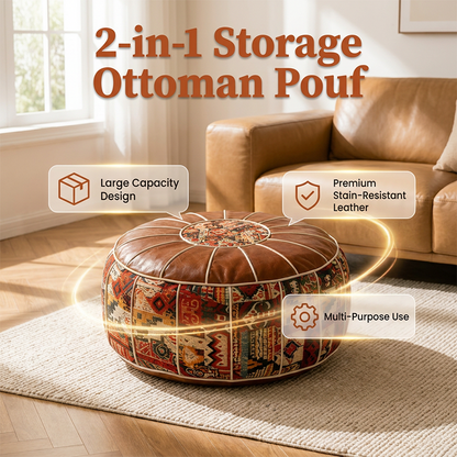 ❄️Summerfresh 50% OFF!♻️Stuffable Faux Leather Storage Pouffe – Boho Ottoman Footstool for Blankets, Clothes & Extra Seating