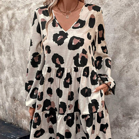Women's Flowy Leopard Print V-Neck Dress