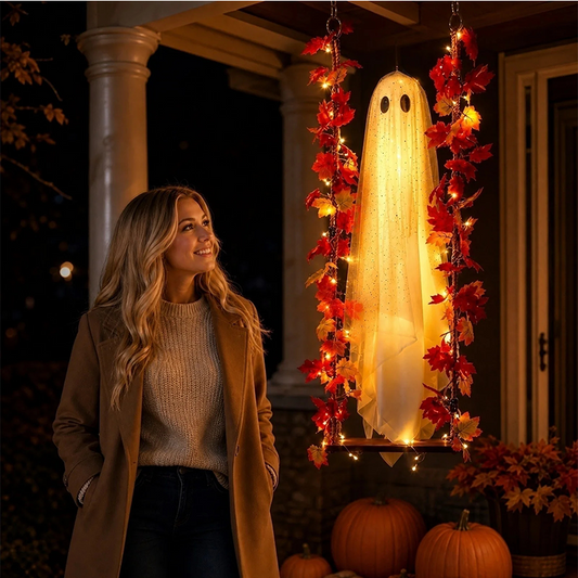 🔥🎁 New Product – 50% Off 🔥Hanging Halloween Ghost on Swing with Remote LED and Maple Leaves