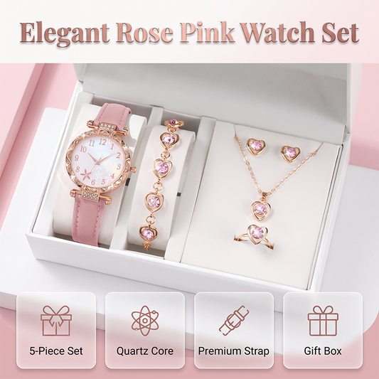 💥【50% OFF】🔥 Women's 5-Piece Watch & Jewelry Set | Butterfly-Dial Rhinestone Quartz Watch | Comfortable Genuine Leather Strap | Matching Heart-Shaped Necklace, Bracelet, Earrings, & Ring | 4 Colors Available | Perfect Gift 🎁