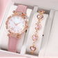 💥【50% OFF】🔥 Women's 5-Piece Watch & Jewelry Set | Butterfly-Dial Rhinestone Quartz Watch | Comfortable Genuine Leather Strap | Matching Heart-Shaped Necklace, Bracelet, Earrings, & Ring | 4 Colors Available | Perfect Gift 🎁