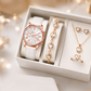 💥【50% OFF】🔥 Women's 5-Piece Watch & Jewelry Set | Butterfly-Dial Rhinestone Quartz Watch | Comfortable Genuine Leather Strap | Matching Heart-Shaped Necklace, Bracelet, Earrings, & Ring | 4 Colors Available | Perfect Gift 🎁