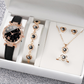 💥【50% OFF】🔥 Women's 5-Piece Watch & Jewelry Set | Butterfly-Dial Rhinestone Quartz Watch | Comfortable Genuine Leather Strap | Matching Heart-Shaped Necklace, Bracelet, Earrings, & Ring | 4 Colors Available | Perfect Gift 🎁