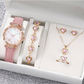 💥【50% OFF】🔥 Women's 5-Piece Watch & Jewelry Set | Butterfly-Dial Rhinestone Quartz Watch | Comfortable Genuine Leather Strap | Matching Heart-Shaped Necklace, Bracelet, Earrings, & Ring | 4 Colors Available | Perfect Gift 🎁