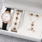 💥【50% OFF】🔥 Women's 5-Piece Watch & Jewelry Set | Butterfly-Dial Rhinestone Quartz Watch | Comfortable Genuine Leather Strap | Matching Heart-Shaped Necklace, Bracelet, Earrings, & Ring | 4 Colors Available | Perfect Gift 🎁