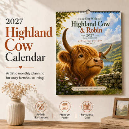 ❄️Summerfresh 50% OFF!📅 2027 Highland Cow & Robin Wall Calendar – A4 Monthly Planner with Rustic Countryside Artwork