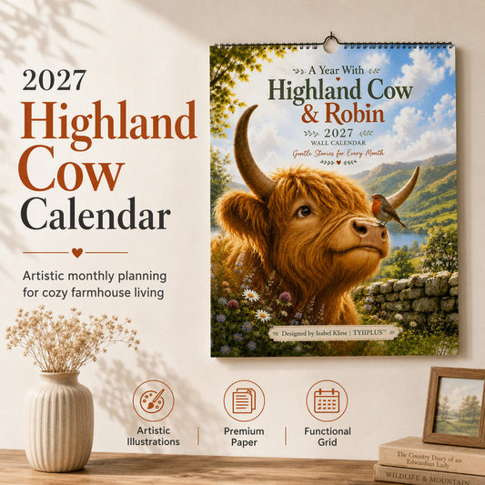 ❄️Summerfresh 50% OFF!📅 2027 Highland Cow & Robin Wall Calendar – A4 Monthly Planner with Rustic Countryside Artwork