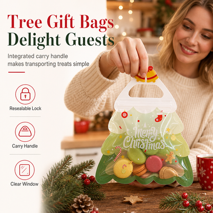 🎄50% OFF!10-Pack Christmas Tree Treat Bags – Resealable Clear Gift Pouches with Handles