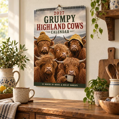 🎃Halloween Deal 50% OFF!🔧🐮2027 Grumpy Highland Cows A4 Wall Calendar – A Year of Attitude