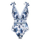 💥 Special Sale 50% OFF💥 V Neck Lace Up Printed One Piece Swimsuit and Skirt