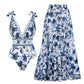 💥 Special Sale 50% OFF💥 V Neck Lace Up Printed One Piece Swimsuit and Skirt